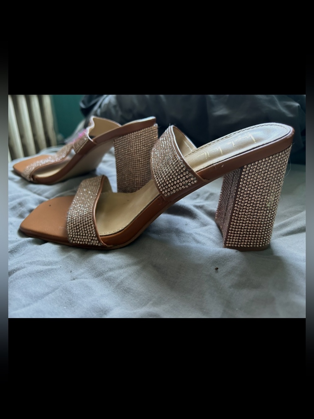 Beige Rhinestone Block Heel Slide Sandals - Women